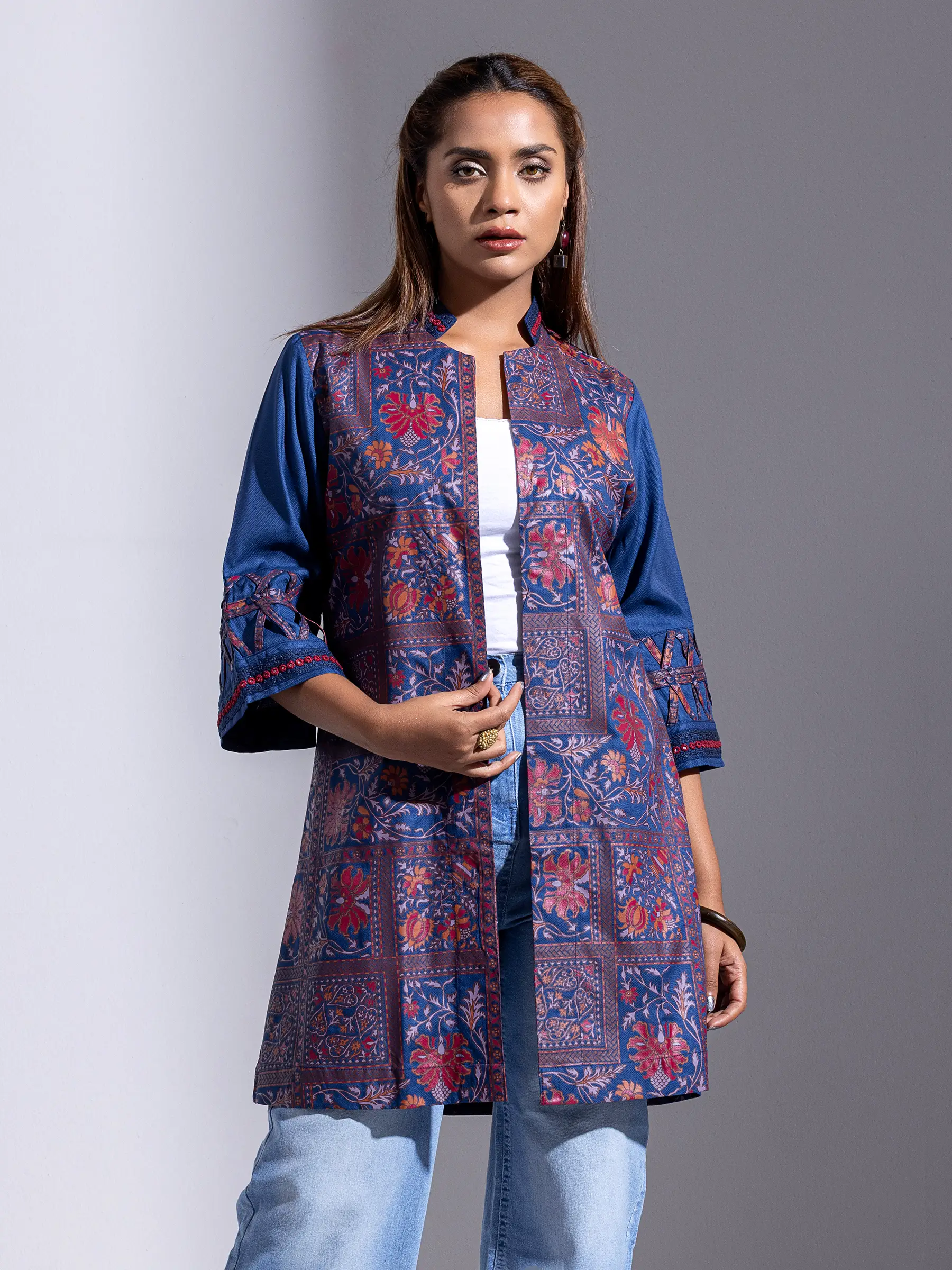 Navy Blue Printed and Embroidered Viscose Taaga Dressy Shrugs