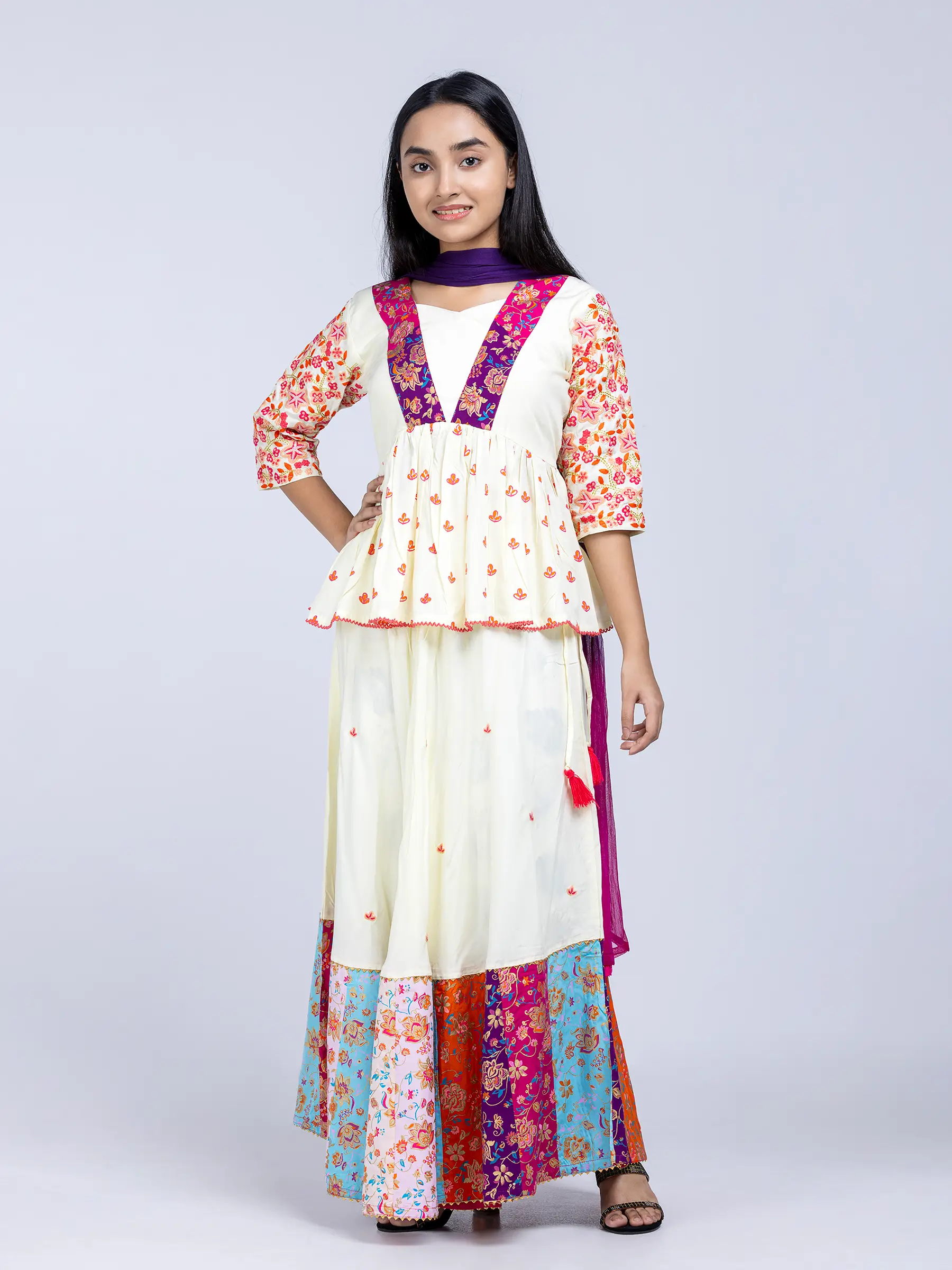 Ivory Printed and Embroidered Linen Ghagra Choli