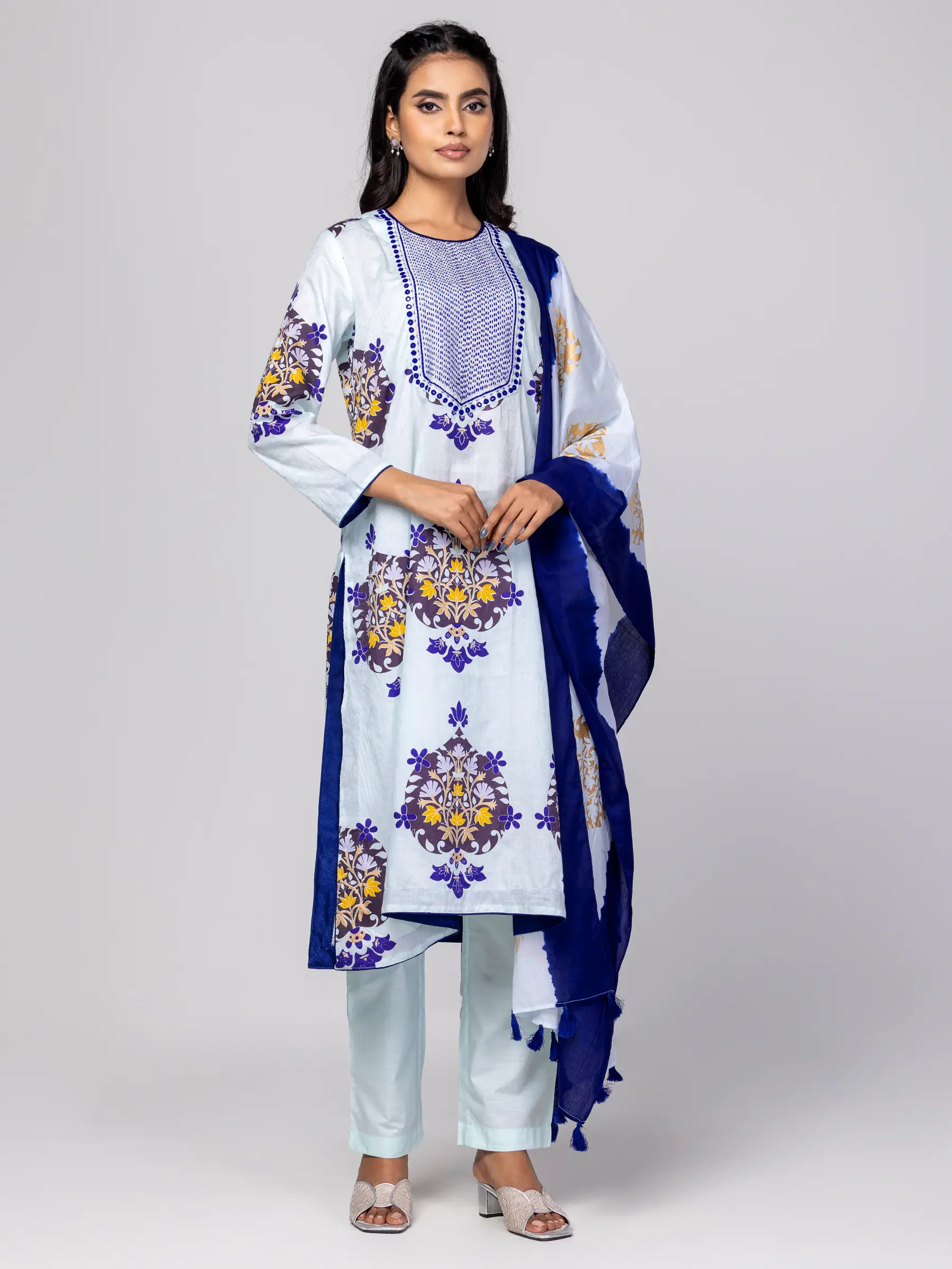 Sky Blue Printed and Embroidered Cotton Shalwar Kameez
