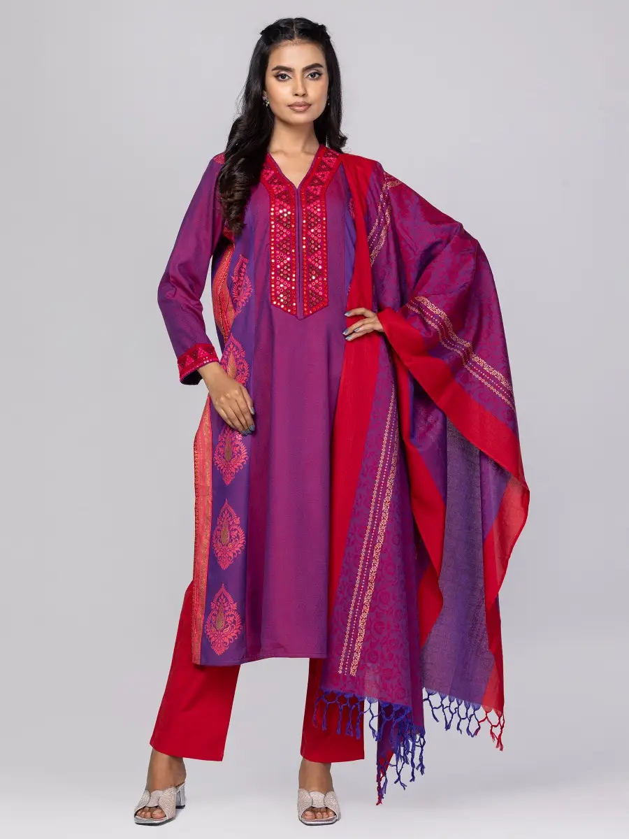 Purple/Magenta Printed and Embroidered Cotton Shalwar Kameez